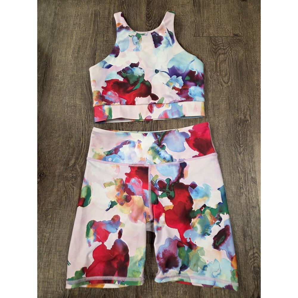 Lulus Make Progress Multi Print High Neck Sports Bra + Biker Shorts Set Small